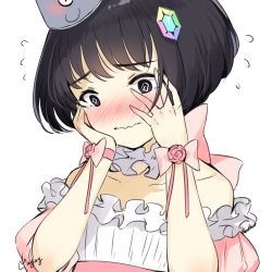 Rule 34 | 1girl, @ @, bare shoulders, black eyes, black hair, blush, bow, closed mouth, collarbone, copyright request, flower, flying sweatdrops, hair ornament, hands on own face, hands up, highres, looking away, maya g, nose blush, off-shoulder shirt, off shoulder, pink bow, pink flower, pink rose, puffy short sleeves, puffy sleeves, rose, shirt, short hair, short sleeves, simple background, solo, wavy mouth, white background, white shirt