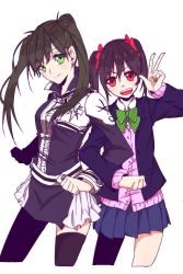 Rule 34 | 2girls, black hair, breasts, d.gray-man, green eyes, highres, lenalee lee, long hair, love live!, love live! school idol project, multiple girls, open mouth, red eyes, ribbon, school uniform, skirt, smile, thighhighs, twintails, v, yazawa nico