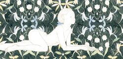 Rule 34 | 1girl, blonde hair, breasts, closed eyes, completely nude, feet, feet out of frame, floral background, flower, kishi takuya, long fingers, nude, original, painting (medium), patterned background, petite, short hair, small breasts, solo, traditional media, very short hair, watercolor (medium)