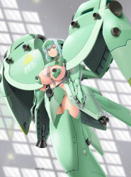 Rule 34 | 1girl, blurry, blurry background, breasts, cannon, cleavage, closed mouth, green eyes, green hair, green panties, groin, gundam, gundam 0083, highres, large breasts, mecha, mobile armor, mobile suit, neue ziel, number print, panties, robot, saizu nitou gunsou, short hair, signature, solo, thighs, underwear