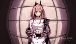 Rule 34 | 1girl, birthday cake, breasts, cake, carrotsprout, chainsaw man, cross-shaped pupils, food, fruit, hair between eyes, highres, horns, jacket, jacket partially removed, lens, long hair, looking at viewer, medium breasts, pink hair, pov, power (chainsaw man), red eyes, shirt, solo, strawberry, strawberry shortcake, symbol-shaped pupils, tile wall, tiles, white shirt