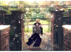 Rule 34 | 1boy, armor, arthur pendragon (fate), blonde hair, blurry, brick wall, depth of field, ebi (6 5), falling petals, fate/grand order, fate (series), from behind, gate, highres, hood, hood down, letterboxed, light particles, long sleeves, male focus, outdoors, petals, sabaton, short hair, solo, waist cape