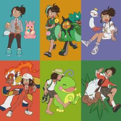 Rule 34 | 1girl, :d, :t, barefoot, brown hair, cardigan, chimecho, closed mouth, collared shirt, commentary request, creatures (company), eating, elizabeth (tomas21), food, game freak, gen 2 pokemon, gen 3 pokemon, gen 4 pokemon, green eyes, green shirt, green shorts, grey cardigan, grey socks, hat, highres, holding, holding shoes, infernape, jacket, juliana (pokemon), multiple views, nintendo, ogerpon, open mouth, orange jacket, orange pants, orange shorts, pants, pantyhose, pawmi, pokemon, pokemon (creature), pokemon sv, politoed, sandals, shiftry, shirt, shoes, short sleeves, shorts, sitting, smile, socks, toes, white footwear, white headwear, white shirt, white shorts, zipper pull tab
