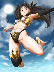 Rule 34 | 1girl, anklet, armlet, armpits, asymmetrical legwear, asymmetrical sleeves, barefoot, black hair, blue sky, blush, breasts, bridal gauntlets, cloud, crown, day, detached collar, detached sleeves, earrings, elbow gloves, fate/grand order, fate (series), feet, gloves, gluteal fold, gradient sky, highres, hoop earrings, ishtar (fate), jewelry, jumping, long hair, long legs, looking at viewer, navel, red eyes, single detached sleeve, single elbow glove, single sleeve, single thighhigh, sky, small breasts, solo, tama (tamago), thighhighs, tiara, toeless legwear, toes, two side up, uneven legwear, uneven sleeves