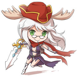 Rule 34 | 1girl, antlers, armor, armored boots, assassin cross (ragnarok online), black-framed eyewear, boots, breasts, cape, chibi, closed mouth, commentary request, elbow gloves, full body, gem, glasses, gloves, green eyes, hat, high heel boots, high heels, holding, holding sword, holding weapon, horns, leotard, long hair, looking at viewer, medium breasts, natsuya (kuttuki), navel, pauldrons, pince-nez, pipe in mouth, purple cape, purple gloves, purple leotard, ragnarok online, red hat, red scarf, revealing clothes, scarf, shoulder armor, simple background, smile, smoking pipe, solo, sword, torn cape, torn clothes, torn scarf, tricorne, vambraces, waist cape, weapon, white background, white hair
