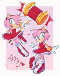 Rule 34 | 1girl, ;d, ame (beeames), amy rose, arm up, boots, border, bracelet, character name, closed mouth, commentary, dress, english commentary, eyelashes, furry, furry female, gloves, gold bracelet, green eyes, hairband, hammer, hand up, heart, hedgehog girl, highres, holding, holding hammer, jewelry, leg up, looking at viewer, multiple views, one eye closed, open mouth, outside border, pink background, red dress, red footwear, red hairband, short dress, simple background, sleeveless, sleeveless dress, smile, sonic (series), toy hammer, v, white border, white gloves