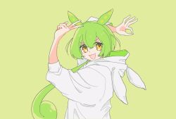 Rule 34 | 1girl, :3, :d, alternate costume, green hair, highres, hood, hood down, hoodie, long hair, looking at viewer, low ponytail, marushi bo, ok sign, open mouth, pea pod, simple background, smile, solo, v, voicevox, white hoodie, yellow eyes, zundamon
