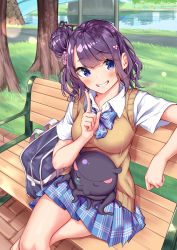 Rule 34 | 1girl, alternate costume, bag, bench, blue bow, blue eyes, blue neckwear, blue skirt, blush, bow, bowtie, breasts, brick floor, bridge, brown sweater vest, clenched teeth, collared shirt, commentary request, crossed legs, day, eyes visible through hair, fate/grand order, fate (series), feet out of frame, grass, hair bun, hair ornament, head tilt, highres, index finger raised, katsushika hokusai (fate), looking at viewer, medium breasts, nose bubble, octopus, on bench, on lap, outdoors, plaid, plaid bow, plaid neckwear, plaid skirt, pleated skirt, purple hair, river, sahara386, school bag, school uniform, shirt, short sleeves, side bun, single hair bun, single side bun, sitting, skirt, sleeping, smile, sweater vest, teeth, tokitarou (fate), tree, water, white shirt, wing collar