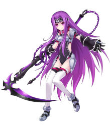 Rule 34 | 1girl, arched back, armor, armored boots, bare shoulders, black bow, black gloves, blush, boots, bow, chain, closed mouth, collar, expressionless, fate/grand order, fate (series), full body, gloves, hair bow, highres, holding, holding weapon, leaning forward, light purple hair, long hair, looking at viewer, matching hair/eyes, medusa (fate), medusa (lancer) (fate), medusa (rider) (fate), navel, official art, purple eyes, rider, scythe, solo, thighhighs, very long hair, weapon, white thighhighs
