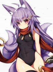 Rule 34 | 1girl, animal ear fluff, animal ears, black leotard, black thighhighs, blush, breasts, brown scarf, covered navel, cowboy shot, fox ears, fox tail, highres, kunai, leotard, long hair, looking at viewer, medium breasts, mofuaki, original, parted lips, purple eyes, purple hair, scarf, simple background, solo, tail, thick eyebrows, thighhighs, weapon, white background