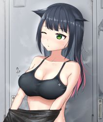 Rule 34 | 1girl, animal ears, aonoyuu, arknights, bad id, bad pixiv id, bare shoulders, black hair, black sports bra, blunt bangs, blush, breasts, breasts squeezed together, cat ears, cleavage, collarbone, commentary request, green eyes, hair down, indoors, jessica (arknights), large breasts, locker, looking to the side, midriff, motion lines, multicolored hair, no jacket, one eye closed, parted lips, red hair, unworn shirt, sidelocks, solo, sports bra, standing, steam, sweat, two-tone hair, undressing, upper body