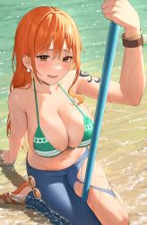 Rule 34 | 1girl, :d, arm support, arm up, asymmetrical clothes, bikini, bikini top only, breasts, brown eyes, commentary, cuts, denim, highres, injury, jeans, large breasts, long hair, looking at viewer, nami (one piece), navel, one piece, open mouth, orange hair, pants, reiji-rj, seiza, shoulder tattoo, single pantsleg, sitting, smile, solo, stomach, swimsuit, tattoo, very long hair, water