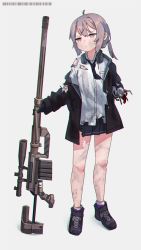 Rule 34 | 1girl, ahoge, android, anti-materiel rifle, barcode, black gloves, black necktie, black skirt, bolt action, breast pocket, brown jacket, buttons, cheytac m200, chromatic aberration, closed mouth, collared shirt, damaged, dirty, dirty clothes, dirty face, dress shirt, flat chest, full body, girls&#039; frontline, gloves, gun, headphones, headphones around neck, highres, holding, holding gun, holding weapon, hood, hood down, hooded jacket, injury, jacket, kuro kosyou, light brown hair, looking afar, loose necktie, low ponytail, m200 (girls&#039; frontline), mechanical arms, muzzle device, necktie, off shoulder, open clothes, open jacket, pleated skirt, pocket, popped collar, purple eyes, rifle, scope, shirt, shoes, sidelocks, simple background, single mechanical arm, skirt, sniper rifle, socks, solo, torn clothes, weapon, white background, white shirt