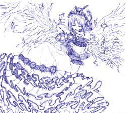 Rule 34 | 1girl, angel wings, bad id, bad pixiv id, bow, head rest, demon, dress, embellished costume, enkoko, closed eyes, female focus, frilled dress, frills, gathers, gengetsu (touhou), hair bow, lotus land story, monochrome, short hair, solo, sparkle, too many, touhou, touhou (pc-98), traditional media, wings