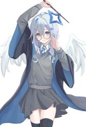 Rule 34 | 1girl, alternate costume, amane kanata, blue hair, casyu nut, colored inner hair, grey hair, hair ornament, halo, harry potter (series), hashtag-only commentary, highres, hogwarts school uniform, hololive, long hair, looking at viewer, multicolored hair, purple eyes, school uniform, smile, solo, star halo, virtual youtuber, wand, wings, wizarding world