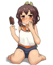 Rule 34 | 10s, 1girl, amonitto, brown eyes, brown hair, dark skin, dark-skinned female, food, hand on own cheek, hand on own face, holding, i-401 (kancolle), kantai collection, looking at viewer, ponytail, popsicle, school swimsuit, school uniform, seiza, serafuku, sitting, solo, swimsuit, swimsuit under clothes, wariza