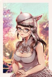 Rule 34 | 1girl, animal ears, beret, black-framed eyewear, blue eyes, breasts, brown hair, cat ears, cleavage, cleavage cutout, closed mouth, clothing cutout, dress, ear flower, facial mark, final fantasy, final fantasy xiv, glasses, grey dress, grey hat, hat, highres, large breasts, lochris, long hair, looking at viewer, miqo&#039;te, own hands together, round eyewear, slit pupils, smile, solo, warrior of light (ff14), whisker markings