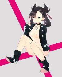 Rule 34 | 1girl, asymmetrical bangs, black choker, black footwear, black hair, black jacket, black nails, boots, bottomless, breasts, choker, closed mouth, commentary request, creatures (company), earrings, expressionless, full body, game freak, green eyes, hachipachi0v0, hair ribbon, hand up, highres, jacket, jewelry, marnie (pokemon), nintendo, nipples, no shirt, open clothes, open jacket, pokemon, pokemon swsh, ribbon, sitting, small breasts, solo, stud earrings, thighs, twintails, undercut