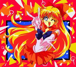 Rule 34 | 1990s (style), 1girl, aino minako, bishoujo senshi sailor moon, blonde hair, bow, breasts, earrings, gloves, highres, jewelry, long hair, looking at viewer, miniskirt, one eye closed, potiri02, red bow, retro artstyle, sailor senshi uniform, sailor venus, skirt, very long hair