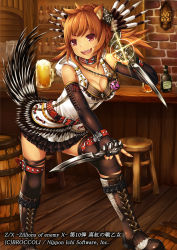 Rule 34 | 1girl, :d, alcohol, animal ears, barrel, beer, belt, black gloves, boots, breasts, brown hair, cleavage, collar, cross-laced footwear, cup, dagger, dual wielding, elbow gloves, fingerless gloves, gloves, hair ornament, holding, hood, hoodie, jewelry, knife, long hair, mug, necklace, official art, open mouth, pondel, red eyes, reverse grip, skirt, smile, solo, stool, tail, weapon, z/x