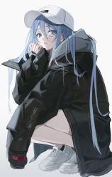 Rule 34 | 1girl, absurdres, alternate costume, bare legs, baseball cap, black jacket, black socks, blue eyes, blue hair, clenched hand, closed mouth, commentary, fila, full body, grey background, grey hoodie, hair between eyes, hair spread out, hand on own chin, hat, head rest, highres, hood, hood down, hoodie, jacket, jacket over hoodie, light blue hair, long hair, looking at viewer, nes 402, pinching sleeves, project sekai, shoes, simple background, sleeves past fingers, sleeves past wrists, sneakers, socks, solo, squatting, text print, very long hair, white footwear, white hat, yoisaki kanade