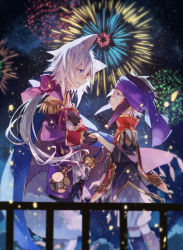 Rule 34 | 10s, 1boy, 1girl, aerial fireworks, androgynous, animal ears, blue eyes, eye contact, fireworks, holding hands, harushuto, height difference, hero (merc storia), hetero, long hair, looking at another, merc storia, phoenix0, reverse trap, short hair, white hair