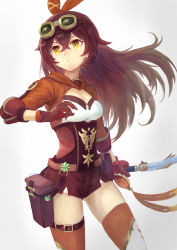 Rule 34 | 1girl, amber (genshin impact), belt, bow, breasts, brown belt, brown gloves, brown hair, brown shorts, buckle, cleavage, floating hair, genshin impact, gloves, goggles, goggles on head, grey background, hair between eyes, hair bow, highres, holding, holding weapon, jacket, long hair, long sleeves, medium breasts, orange bow, orange jacket, orange thighhighs, ramp off (m384ath871), shirt, short shorts, shorts, solo, standing, thigh strap, thighhighs, underbust, very long hair, weapon, white shirt, yellow eyes