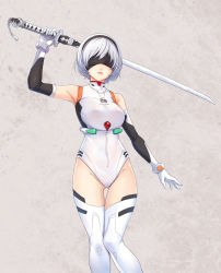 Rule 34 | 1girl, 2b (nier:automata), adapted costume, arm up, ayanami rei, ayanami rei (cosplay), bare shoulders, black hairband, blindfold, boots, bracer, breasts, character name, clothes writing, cosplay, covered eyes, cowboy shot, cross-laced footwear, detached sleeves, gloves, gluteal fold, groin, hairband, highleg, highleg leotard, highres, holding, holding sword, holding weapon, jun (goodgun7), katana, knee pads, lace-up boots, leotard, looking at viewer, medium breasts, mole, mole under mouth, neon genesis evangelion, nier:automata, nier (series), parted lips, pink lips, short hair, silver hair, skin tight, sleeveless, smile, solo, sword, tassel, teeth, thigh boots, thighhighs, turtleneck, weapon, white footwear, white gloves, white leotard