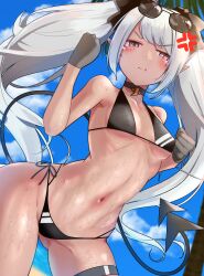 Rule 34 | 1girl, :t, absurdres, anger vein, bare shoulders, beach, bikini, black bikini, black choker, black gloves, black ribbon, blue archive, blue sky, blurry, blurry background, breasts, choker, cloud, commentary request, contrapposto, dark-skinned female, dark skin, day, demon tail, eyewear on head, gloves, gluteal fold, grey hair, hair ribbon, highres, iori (blue archive), iori (swimsuit) (blue archive), kuyu730, looking at viewer, narrowed eyes, navel, ocean, official alternate costume, palm tree, pink eyes, pointy ears, pout, ribbon, sand, side-tie bikini bottom, sidelocks, sky, small breasts, solo, standing, stomach, sunglasses, swimsuit, tail, thigh gap, thigh strap, tree, twintails, v-shaped eyebrows, water, wet
