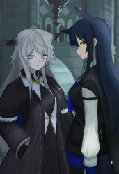 Rule 34 | 2girls, absurdres, animal ears, arknights, black coat, black dress, black hair, black pantyhose, black vest, blue eyes, blue necktie, blue shorts, coat, collared shirt, cowboy shot, dress, extra ears, grey hair, highres, lappland (arknights), lappland (refined horrormare) (arknights), long hair, looking at viewer, multiple girls, necktie, official alternate costume, open clothes, open coat, orange eyes, pantyhose, pantyhose under shorts, profile, shirt, shorts, sidelocks, sideways glance, suzutaro, tail, texas (arknights), texas the omertosa (arknights), vest, white shirt, wolf ears, wolf girl, wolf tail