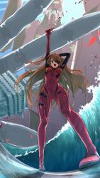 Rule 34 | 1girl, absurdres, arms up, ass, blue eyes, bodysuit, breasts, brown hair, curvy, eva 02, evangelion: 3.0 you can (not) redo, eyepatch, foreshortening, full body, giant, hand up, highres, long hair, looking at viewer, mecha, neon genesis evangelion, open mouth, plugsuit, rebuild of evangelion, red bodysuit, robot, segawa ryuu, shiny clothes, simple background, skin tight, sky, smile, souryuu asuka langley, standing, two side up, very long hair, water, wide hips
