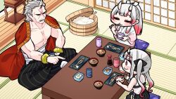 Rule 34 | :3, bowl, chopsticks, chopsticks in mouth, clenched teeth, collarbone, commentary request, eating, family, father and daughter, fish, fish (food), food, grey hair, highres, holding, holding chopsticks, hololive, horns, husband and wife, indian style, japanese clothes, komainu channel, midriff sarashi, miniskirt, miso soup, mother and daughter, muscular, muscular male, nakiri ayame, nakiri ayame (streetwear), ohitsu, pectorals, pillow, pleated skirt, pointing, pointy ears, red eyes, red hair, rice, rice bowl, sarashi, seiza, shamoji, sharp teeth, single horn, sitting, skin-covered horns, skirt, soup, soy sauce, soy sauce bottle, table, teeth, thighhighs, twintails, virtual youtuber