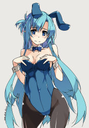 Rule 34 | 1girl, animal ears, artist name, asuna (sao), black pantyhose, blue bow, blue bowtie, blue eyes, blue hair, blue leotard, blush, bow, bowtie, breasts, closed mouth, commentary, covered navel, covering privates, covering breasts, cowboy shot, dated, detached collar, fake animal ears, frown, grey background, half updo, highres, leotard, long hair, looking at viewer, medium breasts, pantyhose, playboy bunny, pointy ears, rabbit ears, shikei, signature, simple background, solo, standing, strapless, strapless leotard, sword art online, symbol-only commentary, thighs, very long hair, wing collar, wrist cuffs