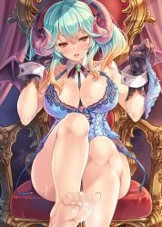 Rule 34 | 1girl, aqua hair, barefoot, black gloves, blue panties, blush, bottomless, breasts, chair, character request, cleavage, copyright request, corset, cum, cum on body, cum on breasts, cum on lower body, cum on upper body, curtains, demon girl, demon horns, feet, fishnet gloves, fishnets, garter straps, gloves, gradient hair, hair ribbon, holding, holding clothes, holding panties, holding underwear, horns, lapis (sennen sensou aigis), large breasts, leg up, long hair, makirin, multicolored hair, open mouth, orange eyes, orange hair, panties, unworn panties, ribbon, sennen sensou aigis, sitting, soles, solo, toes, underwear