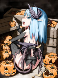 Rule 34 | 1girl, back, bad id, bad pixiv id, black wings, blue hair, bottomless, female focus, jack-o&#039;-lantern, looking back, no panties, open mouth, original, pointy ears, pumpkin, sessue, solo, squatting, tail, thighhighs, wings