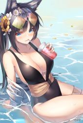 Rule 34 | 1girl, animal ear fluff, animal ears, arm support, azur lane, bare shoulders, black hair, black one-piece swimsuit, blue eyes, blush, breasts, cleavage, collarbone, cup, disposable cup, drinking, drinking straw, eyeshadow, eyewear on head, flower, hair flower, hair ornament, highres, holding, holding cup, kii (azur lane), kii (poolside persuasion) (azur lane), large breasts, leaning back, long hair, looking at viewer, makeup, one-piece swimsuit, see-through, shimotsuki shio, signature, sitting, solo, sunflower, sunglasses, swimsuit, thigh strap, tinted eyewear, very long hair, water, wet