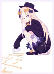 Rule 34 | 1girl, abigail williams (fate), absurdres, black bow, black dress, black footwear, black hat, blonde hair, bloomers, blue eyes, border, bow, bug, butterfly, commentary request, dress, fate/grand order, fate (series), forehead, grey border, hair bow, hand on own knee, hat, highres, holding, holding stick, insect, kakitama, long hair, long sleeves, looking at viewer, looking to the side, orange bow, parted bangs, polka dot, polka dot bow, shoes, simple background, sleeves past fingers, sleeves past wrists, solo, squatting, stick, underwear, very long hair, white background, white bloomers