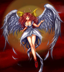 Rule 34 | 1girl, akura (arc the lad), arc the lad, arc the lad ii, blush, breasts, cleavage, demon girl, highres, horns, long hair, red hair, solo, wings