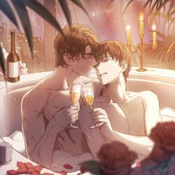 Rule 34 | 2boys, alcohol, bathtub, black eyes, black hair, blurry, bottle, building, candlelight, cityscape, closed eyes, closed mouth, collarbone, commentary request, cup, depth of field, drinking glass, flower, grin, interior, jdsp4m, kim dokja, korean commentary, light, male focus, multiple boys, night, nude, omniscient reader&#039;s viewpoint, petals, plant, red flower, rose, rose petals, scar, scar on arm, smile, teeth, toasting (gesture), wet, wet hair, window, wine, wine glass, yaoi, yoo joonghyuk
