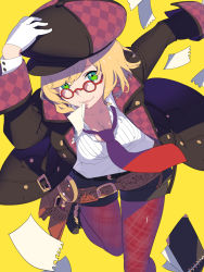 Rule 34 | belt, black jacket, black shorts, blonde hair, breasts, cleavage, collared shirt, dress shirt, enkyo yuuichirou, glasses, gloves, green eyes, hand on headwear, hat, highres, hisho collection, jacket, long sleeves, mouth hold, necktie, notepad, open clothes, open jacket, pantyhose, paper, red-framed eyewear, red neckwear, red pantyhose, round eyewear, running, shirt, shoes, short hair, shorts, simple background, standing, standing on one leg, thigh gap, white gloves, white shirt, wing collar, yellow background