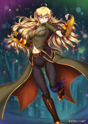 Rule 34 | 1girl, adsouto, amputee, blonde hair, boots, gauntlets, gloves, grin, highres, long hair, looking at viewer, rwby, smile, solo, weapon, yang xiao long