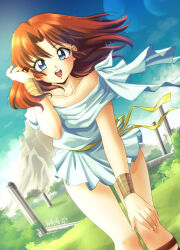 Rule 34 | 1980s (style), 1girl, ancient ys vanished, blue eyes, brown hair, cloud, cloudy sky, collarbone, column, commentary, danmakuman, dated, day, english commentary, falcom, grass, hand in own hair, hand on own knee, highres, leaning forward, lilia (ys), looking at viewer, medium hair, mixed-language commentary, oldschool, open mouth, outdoors, pillar, retro artstyle, ribbon, signature, sky, solo, standing, teeth, toga, upper teeth only, wind, wristband, yellow ribbon, ys
