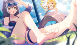 Rule 34 | 1girl, absurdres, animal ears, barefoot, black hair, blush, eyewear on head, feet, green eyes, hasu (velicia), highres, karyl (princess connect!), long hair, looking at viewer, open mouth, princess connect!, princess connect!, shorts, soles, toes