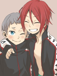 Rule 34 | 10s, 2boys, arm around shoulder, bad id, bad pixiv id, blue eyes, blush, free!, grey hair, grin, jacket, male focus, matsuoka rin, mole, multiple boys, nitori aiichirou, open clothes, open jacket, open mouth, red hair, ree (re-19), sharp teeth, topless male, short hair, smile, teeth, wavy mouth
