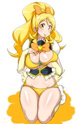 Rule 34 | 10s, 1girl, bikini, bikini under clothes, blonde hair, blush, boots, breasts, brooch, candy, cleavage, cure honey, earrings, eyelashes, food, full body, hair ornament, hair ribbon, happinesscharge precure!, happy, heart, heart brooch, high heels, highres, jabara tornado, jewelry, knee boots, kneehighs, kneeling, large breasts, long hair, looking at viewer, magical girl, mouth hold, navel, oomori yuuko, panties, ponytail, precure, puffy sleeves, ribbon, shiny skin, shirt, simple background, skindentation, smile, socks, solo, swimsuit, swimsuit under clothes, thigh gap, underwear, undressing, vest, white background, wide ponytail, wrist cuffs, yellow bikini, yellow eyes, yellow panties
