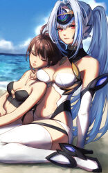 Rule 34 | 2girls, absurdres, armpit crease, bare shoulders, beach, blue hair, blue sky, breasts, brown hair, cleavage, closed eyes, closed mouth, cloud, elbow gloves, eyelashes, gloves, hair intakes, high heels, highres, horizon, jewelry, kos-mos, long hair, madou zakura, medium breasts, multiple girls, navel, necklace, outdoors, pink lips, ponytail, red eyes, shion uzuki, sky, thighhighs, white gloves, white thighhighs, xenosaga