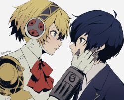 Rule 34 | 1boy, 1girl, aegis (persona), android, artist name, blonde hair, blue eyes, blue hair, blue jacket, blue ribbon, bow, bowtie, cheek squash, collared shirt, commentary request, eye contact, from side, gekkoukan high school uniform, grey eyes, hand on another&#039;s cheek, hand on another&#039;s face, hetero, highres, jacket, looking at another, neck ribbon, parted lips, persona, persona 3, pppppknw, red bow, ribbon, robot ears, school uniform, shirt, short hair, simple background, twitter username, upper body, white background, white shirt, wing collar, yuuki makoto (persona 3)