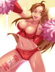 Rule 34 | body writing, breasts, brown eyes, brown hair, cheerleader, cleavage, front-tie top, kawa akira, large breasts, midriff, open mouth, original, pom pom (cheerleading), short shorts, shorts, smile, solo