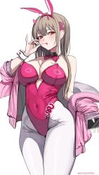 Rule 34 | 1girl, animal ears, bare shoulders, blush, bowtie, breasts, cellphone, cleavage, covered navel, detached collar, ekuskarma, fake animal ears, fake tail, goddess of victory: nikke, highleg, highleg leotard, holding, holding phone, horns, jacket, large breasts, leotard, light brown hair, long hair, looking at viewer, mouth hold, off-shoulder jacket, off shoulder, official alternate costume, pantyhose, phone, pink horns, pink jacket, playboy bunny, rabbit ears, rabbit tail, red bow, red bowtie, red eyes, red leotard, simple background, smartphone, solo, strapless, strapless leotard, tail, thighs, viper (nikke), viper (toxic rabbit) (nikke), white background, white pantyhose, wrist cuffs