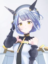 Rule 34 | 1girl, artist request, azur lane, bare shoulders, blue hair, cross, cross necklace, detached collar, dress, floating headgear, gascogne (azur lane), gauntlets, grey background, halo, headgear, highres, jewelry, looking at viewer, mechanical halo, necklace, short hair, simple background, sleeveless, sleeveless dress, solo, strapless, strapless dress, white dress, yellow eyes